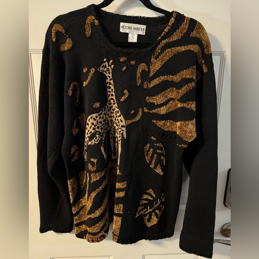 VTG Embroidered Beaded Giraffe Safari Animal Jungle Africa Knit Long Sweater 90s